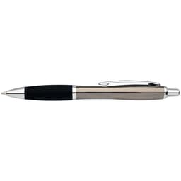 A silver and black pen with a sleek design and a shiny clip, featuring a branded logo.