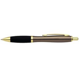A sleek black and brown pen with gold accents, featuring a clip and a smooth finish. It has a branding logo.