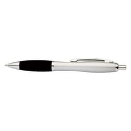 A silver metal pen with a black grip and a clip for easy attachment. Features a branding logo.