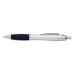A silver metal pen with a blue grip and a clip, featuring a logo on the body.