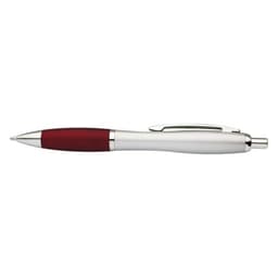 A metallic pen with a silver finish and a red grip. The pen features a logo on its body.