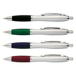 A set of four metal pens in black, green, blue, and red, featuring silver accents and clips.