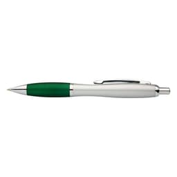 A silver metal pen with a green grip and a clip, featuring a polished finish and a logo.
