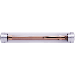 A clear tube containing a pen with a rose gold nib and silver ends, featuring a logo on the side.