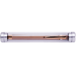 A clear tube containing a rose gold pen, with silver end caps and a simple logo.