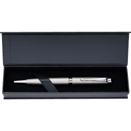 A silver pen nestled in a black gift box with a soft black lining. The box has a secure closure and a ribbon holder.