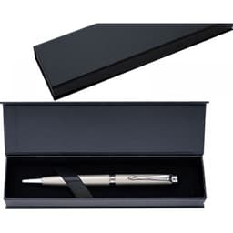 A silver pen presented in a sleek black gift box with a black ribbon, featuring a lid on top.