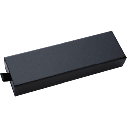 A black gift box with a pull tab, featuring a sleek design and a smooth finish.