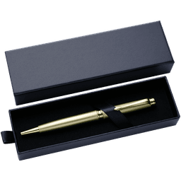 A gold pen inside a dark blue gift box, secured with a black ribbon. The box has a sleek design.