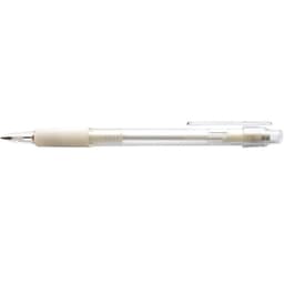 A mechanical pencil with a clear body and white grip, featuring a pocket clip and a silver tip.