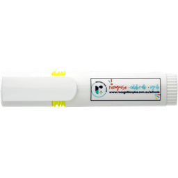A white promotional highlighter with a yellow cap and a logo on the side.