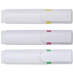 Three white highlighters with coloured caps in pink, yellow, and green. Each has a branding logo.