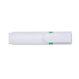 A highlighter in white with green accents and a clip, featuring a brush tip. The product has a logo.