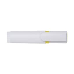 A white highlighter with yellow accents and a cap. It has a smooth body and a branding logo.
