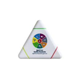 A triangular promotional product featuring multiple colours and icons related to aged care quality standards. It has a logo.