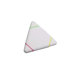 A triangular highlighter in white with pink, yellow, and green stripes. It features a logo on one side.