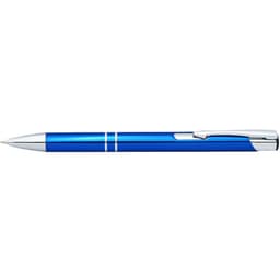 A shiny blue pen with silver accents and a logo on the clip.