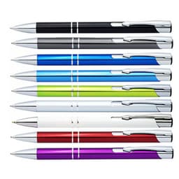 A collection of shiny pens in black, blue, green, white, and purple with chrome accents, featuring a logo.