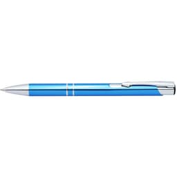 A shiny blue pen with silver accents and a clip, featuring a logo.