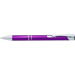 A shiny purple pen with silver accents and a clip. The pen features a sleek design.