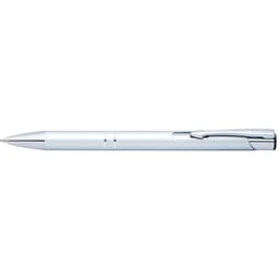 A shiny silver pen with a sleek design and a clip. It features a polished finish and has a logo.