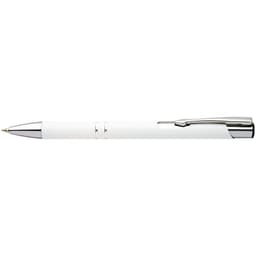 A shiny white pen with chrome accents and a clip, featuring a sleek design and a branding logo.