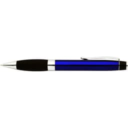 A blue pen with a black grip and silver accents, featuring a clip and polished finish.