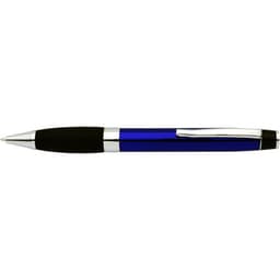 A blue and black pen with a silver clip and accents, featuring a sleek design and glossy finish.