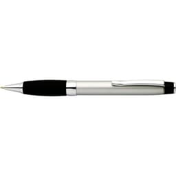 A silver and black pen with a polished finish and a clip, featuring a smooth design. It has a logo on the barrel.