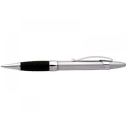 A silver pen with a black rubber grip and a silver clip, featuring a sleek design and a branding logo.