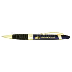 A blue and gold pen with a black grip, featuring a logo on the barrel.