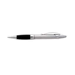 A sleek silver pen with a black rubber grip, featuring a clip and polished finish. The image includes a logo.