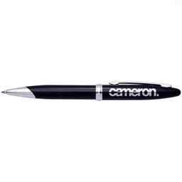 A sleek black pen with a silver clip and a logo prominently displayed on its body.