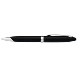 A black pen with a silver clip and detailing, featuring a sleek and modern design.