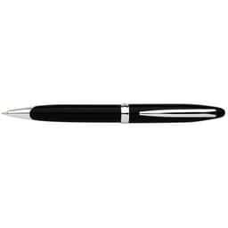 A black pen with a sleek design and silver accents, featuring a logo on the barrel.