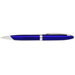 A blue pen with a silver trim and pocket clip, featuring a sleek design and shiny finish.