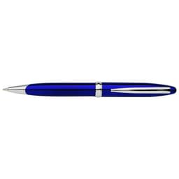 A blue pen with a sleek design and silver accents, featuring a logo on the body.