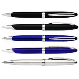 A collection of five pens in black, blue, and silver, featuring a variety of designs and a logo on some.