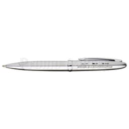A silver ballpoint pen with a sleek design and a clip, featuring branding on the barrel.
