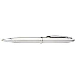 A sleek silver pen with a polished finish and a clip for attachment, featuring a logo on its side.