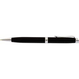 A black pen with a silver clip and accents, featuring a sleek and elegant design. It includes a logo.