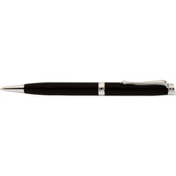 A black pen with a silver clip and detailing, featuring a sleek design and a logo.
