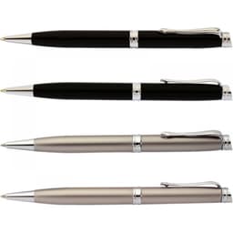 A set of four pens in black, silver, and gunmetal, featuring chrome accents and clips. One pen has a logo.