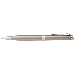 A silver and grey pen with a shiny finish and metallic accents, featuring a clip and branding.