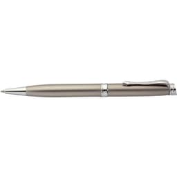 A sleek, silver and grey pen with a polished clip and chrome accents, featuring a logo on its body.