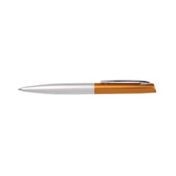 A sleek pen with a silver body and an orange accent, featuring a silver clip and a simple design.