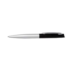 A silver and black pen with a sleek design and a clip. The pen has a logo on its side.