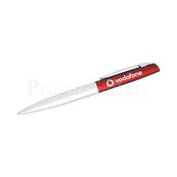A white and red pen with a logo on it. The pen features a click mechanism and a sleek design.