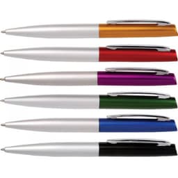 A collection of six pens in orange, red, purple, green, blue, and black with silver accents and a logo.