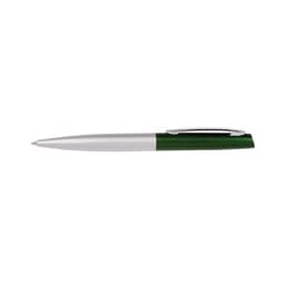 A green and silver pen with a sleek design and a clip for easy attachment. It features a logo on the barrel.